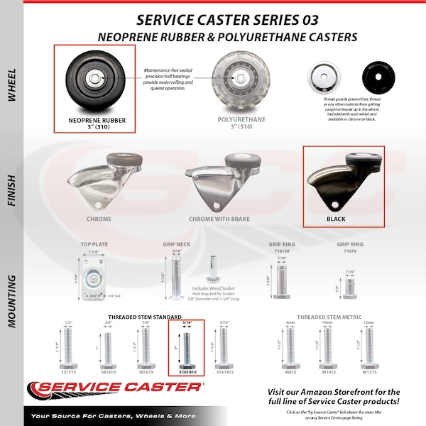 Service Caster 3 Inch Black Hooded Neoprene Rubber 5/16 Inch Threaded Stem Casters SCC, 5PK SCC-TS03S310-NPRB-BK-5161810-5 - main